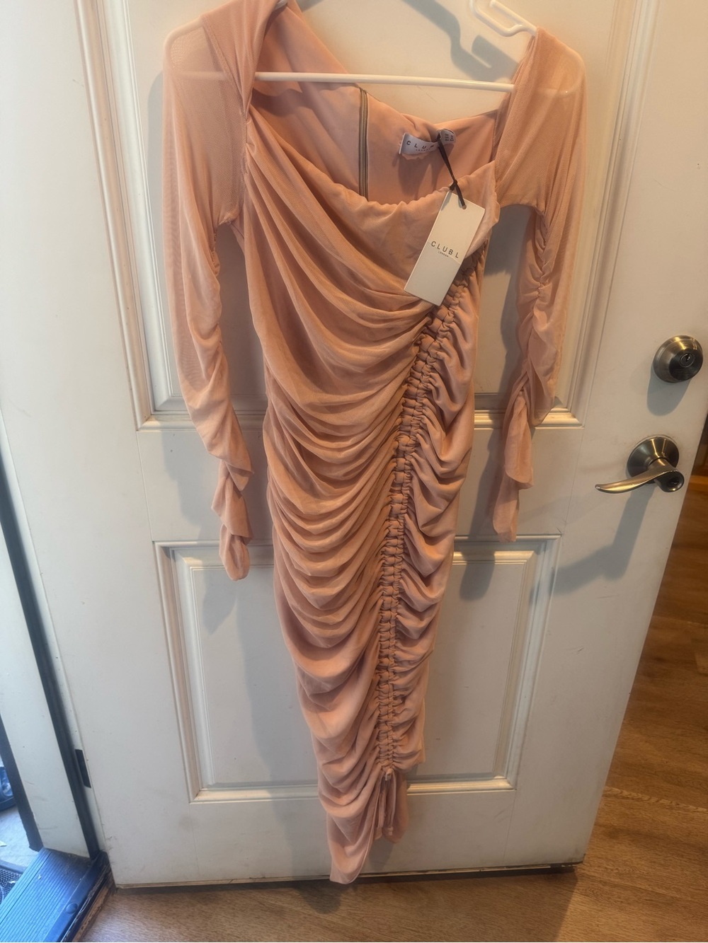 Club L London Blush Pink Ruched Long Sleeve Midi Dress